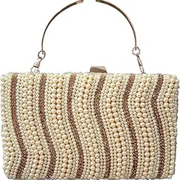 nusmaira Elegant Pearl Evening Clutch Handbag with Rose Gold Stripes, Metal Handle, Beaded Party Purse-picture-27