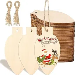 American Elm 50 Pcs Christmas Light Bulb Wooden Slices for DIY Craft Blank Hanging Ornaments with Rope 6.8x3.8 cm Unfinished Wood Cutouts-image-56