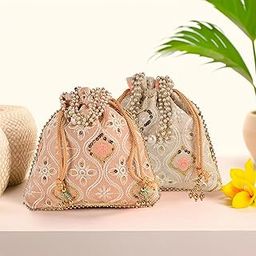 Kuber Industries 2 Pcs Embroidery Potli Bags for Women with Pearl Handle & Drawstring | Indian Ethnic Potli Bags for Ladies for Wedding | Wrist Handbag Purse Batwa | Lakhnavi Print - Cream & Peach-picture-17