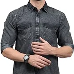 18 plus Men's Denim Cutaway Collar Slim Fit Full Sleeve Casual Shirt Black Faded X-Large-picture-22