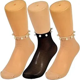 malvina 3 Pair Nylon net Women Socks with Pearls Embellished Pack of 3 (2 Skin, 1 Black Color)-picture-37