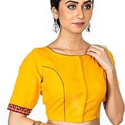 jalpaibon Women's Yellow Boat Neck Elbow Length Sleeves Cotton Stylish Princess Cut Saree Blouse-picture-44