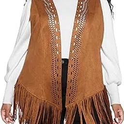 wdirara Women's Plus Fringe Sleeveless Vest Fringe Tassel Faux Suede Open Front 70S Hippie Jacket Cardigan-picture-47