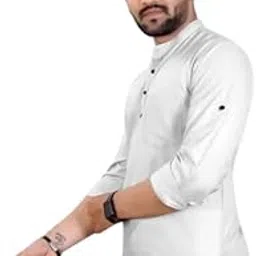 krudha creation Men's Solid Cotton Blend Relaxed Fit Long Sleeve Mandarin Neck Casual Lightweight Comfortable Kurta Style Shirt-picture-10