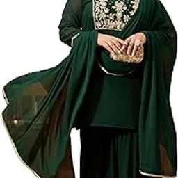 janasya Women's Plus Size Dark Green Georgette Zari Embroidered Straight Kurti with Sharara & Dupatta Set-picture-28
