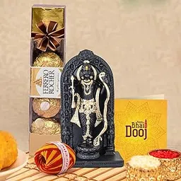 TIED RIBBONS Bhai Dooj Gift Set for Brother Boys Kids Men with Chocolates - Ferrero Rocher Chocolate (4 pcs) Box Mini Ramlalla Idol Statue with Greeting Card and Kalawa Moli Roli Chawal-image-55