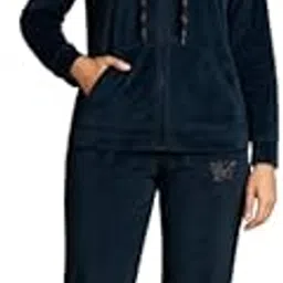 Velvet Night Suit for Women, Navy Blue, Butterfly Design, Hooded Zip-Up Jacket with Pants-picture-48