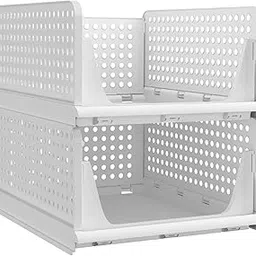 VERAT 2 Pieces Foldable & Stackable Organizers Rack | Drawer, Shelf Storage Container for Home Wardrobe & Cupboard Plastic Stackable Closet Organizer Almirah Space Saver(White)-picture-30