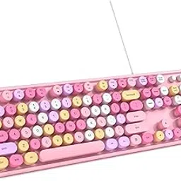 Computer Keyboard Wired, Plug and Play USB Retro Round Typewriter Keyboard, Full Size Wired Keyboard with Foldable Stands for Laptop and Office PC- Pink Colorful-picture-15