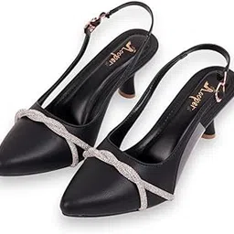 looper Women's Pointed Toe Slingback Heels, Black & Cream with Silver Crystal Strap, Kitten Heel-picture-19