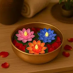 HindCraft Set of 3 Floating Lotus LED Candles – Multicolor, Water-Sensitive, Smokeless & Flameless Tea Lights for Diwali and Home Décor-picture-51
