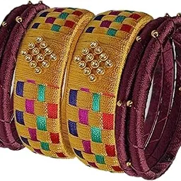 SHIRCREATIONS Handicrafts Ethnic Kundan Work Silk Thread Fabric Bangle Kada For Women Girls 10 PC Set Wedding & Festive Occasion Handmade Multicolored Chudi Stone Studded-image-25