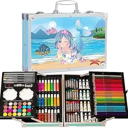 Trocshop Kids Art Set, 145 Pieces, Mermaid Theme Storage Case, Drawing and Painting Supplies with Oil Pastel, Water Colour, Colour Pencils, Sketch Pens, Blue-picture-37