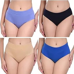 Women's Cotton Underwear High Waist Full Coverage Brief Panty for Women Multipack, Pack of 4 (Blue, Black, Nude, Blue)-image-59