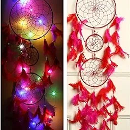 Good Aura Store Handmade Dream Catchers with Light Wall Hangings for Home Decor Kids Room Bedroom Livingroom Balcony Feathers Dreamcatcher Decorations Gift Items (Pack of 1, 18L X 90Hcm, Red)-image-78