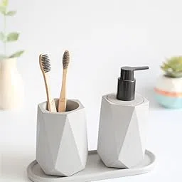 Dwell dapper | Hexagonal Toothbrush Holder with Tray and soap Dispenser | Made of Concrete | Grey Colour-picture-33