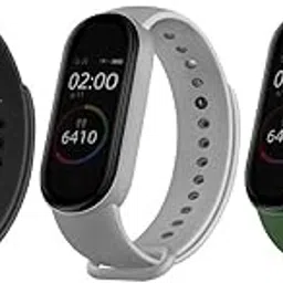 Qai Soft Silicone Replacement Combo Pack of 3 Band Strap Compatible with Xiaomi Mi Band 5 / Mi Band 6 (CHIP/Device NOT Included) (Black/Grey/Light Green) image 1