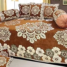 Shiv KIRPA Velvet Floral 500 TC Diwan Set – Single Bedsheet with 2 Bolster Covers & 5 Cushion Covers (8pc Set) | Soft, Durable, and Elegant Bedding Set (Heavy Floral Border Design, Golden)-picture-16