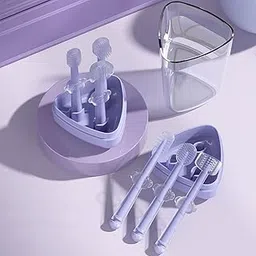 Baby Silicone Toothbrush Training Set with Case Holder Soft Bristle Infant Toddler Oral Care Teething Brush 4 Piece Starter Kit for Kids Dental Hygiene Easy Grip Handle with Storage Stand and Cup-image-55