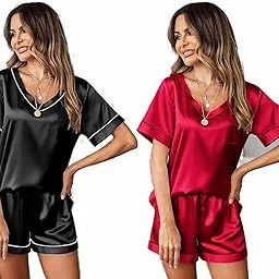 rahl Womens Two Piece Summer Wear Classical Top and Pajama Pj Shorts Honeymoon Nightwear Dress for Couples, College Girls Suit Set-picture-56