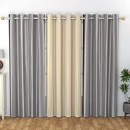 IVAZA Solid Plain Polyester Window Curtains Set of 3, (4 Feet x 5 Feet, Grey Cream-picture-18