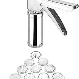 F4FIVE Stainless Steel Kitchen Press – 15-in-1 Murukku, Bhujiya, Chakali, Sev, Noodles, Cookies, Farsan & Gathiya Maker – Multi-Use Snack Press with 15 Different Jali Plates for Homemade Delights-image-3