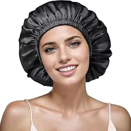 Goldfizz Luxury Satin Bonnet Silk Bonnet for Sleeping Women and Men – Shower Caps – Double Layer, Comfortable Hair Bonnet for Curly Hair with Double Layer Hair Bonnet for women, girls.(Black)-image-88