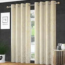 Panipat Textile Curtain Heavy Velvet Fabric Room Floral Darkening Semi Sheer Grommet Curtains 7 Feet For Door, Cream, Pack Of 2 Pieces-image-38