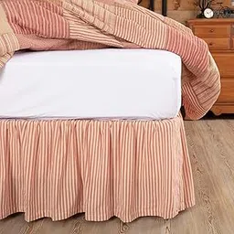 VHC Brands Farmhouse Sawyer Mill Ticking Cotton Split Corners Gathered Striped Twin Bed Skirt, Red Country-picture-16