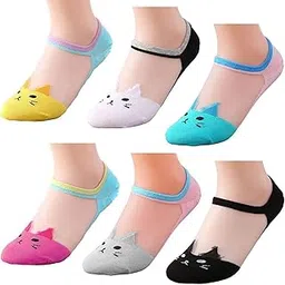 queery Women's Ultrathin Cat Ankle High Low Cut Invisible Silk Cotton Soft Crystal Lace Elastic Socks (Mix Colour)-picture-10