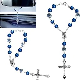 2PCS Car Rosary for Rearview Mirror, Blue Ceramic Beads Pendant Car Interior Rear View Mirror Charm Auto Decor, Medal and Cross Hanging Accessories for Women Men-image-12