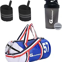 Duffle PU Leather Bag with Shaker Bottle-400ml & Wrist Bandl (Blue White)-image-0