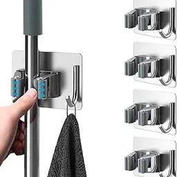 HOMEASY Mop Holder Set of 4 [No Drilling & Hook Included] Stainless Steel Waterproof Broom Holder Load Capacity 22.0 lbs (10 kg) Heavy Duty Strong Adhesive Mop Clip Wall Hanging Storage Space Saving Mop Hanger for Bathroom, Toilet, Kitchen, Entryway (Silver)-image-20