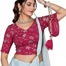 Designer Floral Print Blouse, Cream with Gold Foil Pattern, Round Neck, Half Sleeve Saree Blouse (Maharani, XL)-picture-25