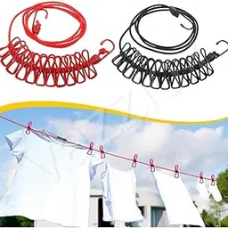 Premium Pack of 2 Clothe Drying Rope with 12 Hooks | Strong Elastic Clothesline for Indoor & Outdoor Use | Portable, Adjustable, Multicolour Laundry Rope for Travel, Balcony & Bathroom-image-0
