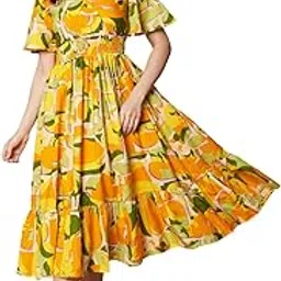 kzully | Dress for Women | Abstract Print Midi | V-Neck | Short Flounce Sleeves | Smocked Waist | Ruffled Hem | A-Line Fit & Flare | Casual Party Dress-picture-16