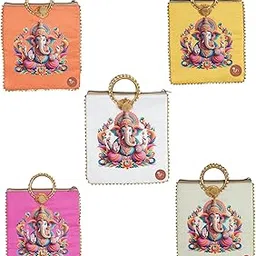 Potli Bag for Women Ethnic Silk Brocade Pouch Ganesha Design Purse Lotus Print Gift Bags Traditional Ladies Batwa Handmade Clutch Handbag 9x8 Inches [5 Pack Multicolour]-image-77