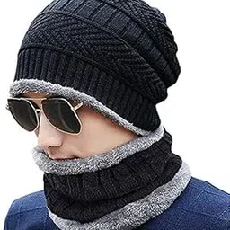 Knitted Beanie Cap and Scarf Set for Men, Black and Grey-picture-56