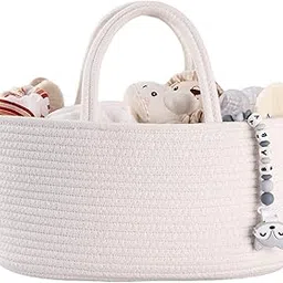 Baby Diaper Caddy Organizer for Girl Boy Cotton Rope Nursery Storage Bin Basket Portable Holder Tote Bag for Changing Table Car Travel Baby Shower Gifts Newborn Essentials Registry Must Haves White-image-11