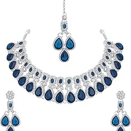 Kundan Polki and Crystals Traditional Necklace with Earrings and Maang Tikka for Women - Jewellery Set for Party, Wedding, Engagement-image-16