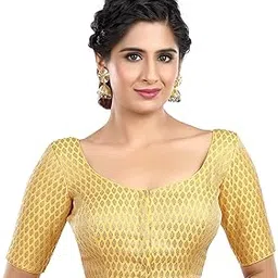 neckbook Women's Woven Brocade Half Sleeves Round Neck Princess Cut Padded Readymade Saree Blouse-picture-13