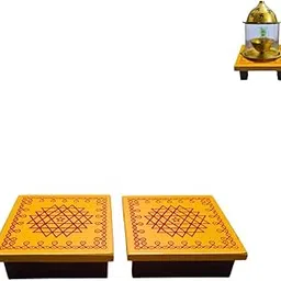 Cluttch Play Mini Wooden Chowki of Sri Chakra Kolam | Ishwarya Lakshmi Pooja Traditional & Durable Decorative Small Manai Stand Palagai at Home|Festivals|Gifts (Pack of 2) (4" Yellow Srichakra)-picture-27