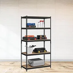 HOMIFLY 5 Tier Boltless Rack for Storage/Adjustable Metal Shelf/Multipurpose Iron Shelves with Wooden Plank/Storage Organizer/Garage Iron Rack(Black) image 1