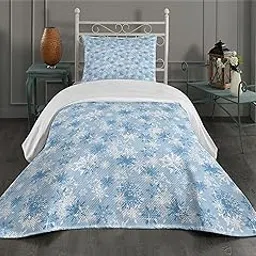 Ambesonne Snowflake Coverlet, Winter Holiday Illustration Christmas Snowflakes on Abstract Background, 2 Piece Decorative Quilted Bedspread Set with 1 Pillow Sham, Twin Size, Light Blue-picture-19