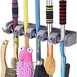 Plastic Multipurpose 5 Slot Wall Mounted Mop and Broom Holder with 6 Hooks Garage Storage up to 11 Tools Wall Mounted (Grey),Design 66-picture-17