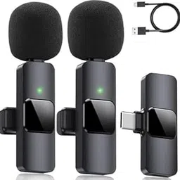 Dual Wireless mic K9 Wireless Microphone with Lightning and USB-C Adapters, Clip-on Lavalier Mic, Black, Microphone Lapel Mic System for YouTube & Other Social Media Platform image 1