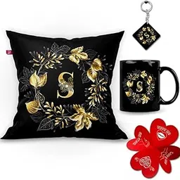 K1Portal Alphabet Letter Printed Mug+Cushion,Card,Keychain,Gift for Love,Birthday,Wife, Husband, Girlfriend Boyfriend, Valentines Day and Anniversary (Black Mug+Keychain+Card+Pillow) (S Alphabet)-picture-10