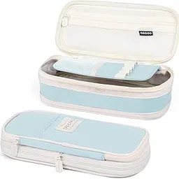 PRANIJ Cute Aesthetic Large Capacity Expandable Pencil Case Pouch with Zipper Portable Office Stationery Desk Organizer for School Collage Boys Girls Adults Women Men (Light Blue) image 1