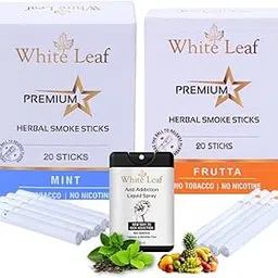 White Leaf Herbals Mint & Frutta Flavour Cigarette, Tobacco and Nicotine Free Herbal Smoke Sticks Pack Of 2 (40 Sticks With 20 ML Shot)-image-99