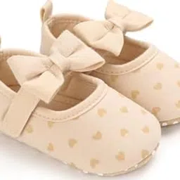 Baby Girl Mary Jane Shoes, Beige with Gold Hearts Pattern, Bow Design, Soft Sole-picture-35